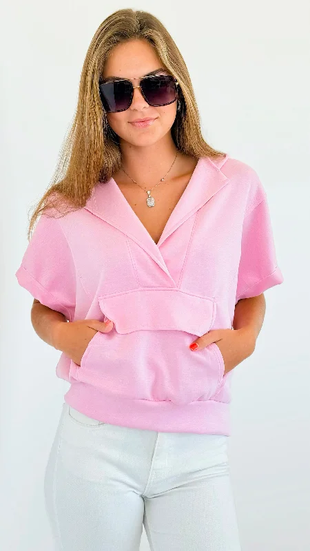 Front Kangaroo Pocket Hoodie Top - Pink