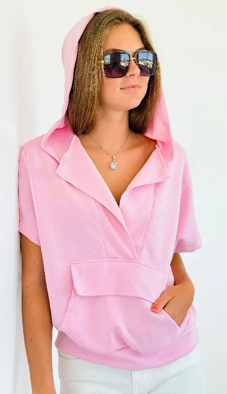 Front Kangaroo Pocket Hoodie Top - Pink