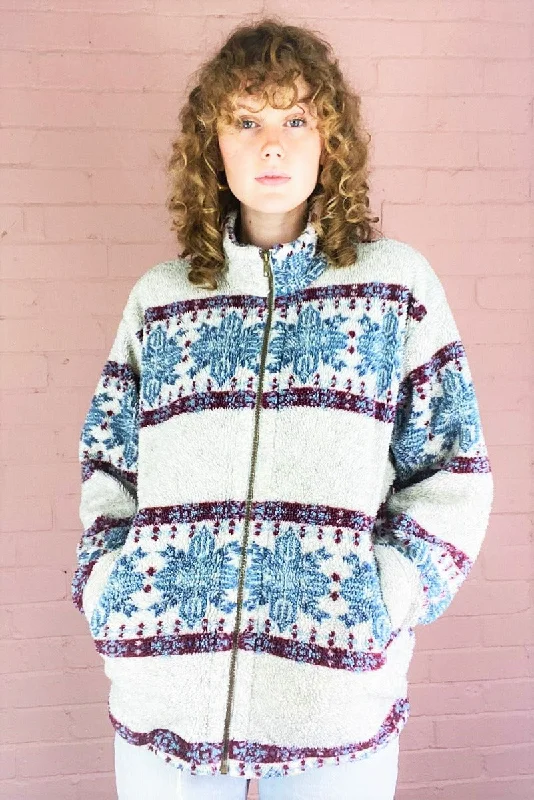 Vintage Zip-Up Fleece - Snowy White, Aegean Blue & Maroon Graphic - Free Size